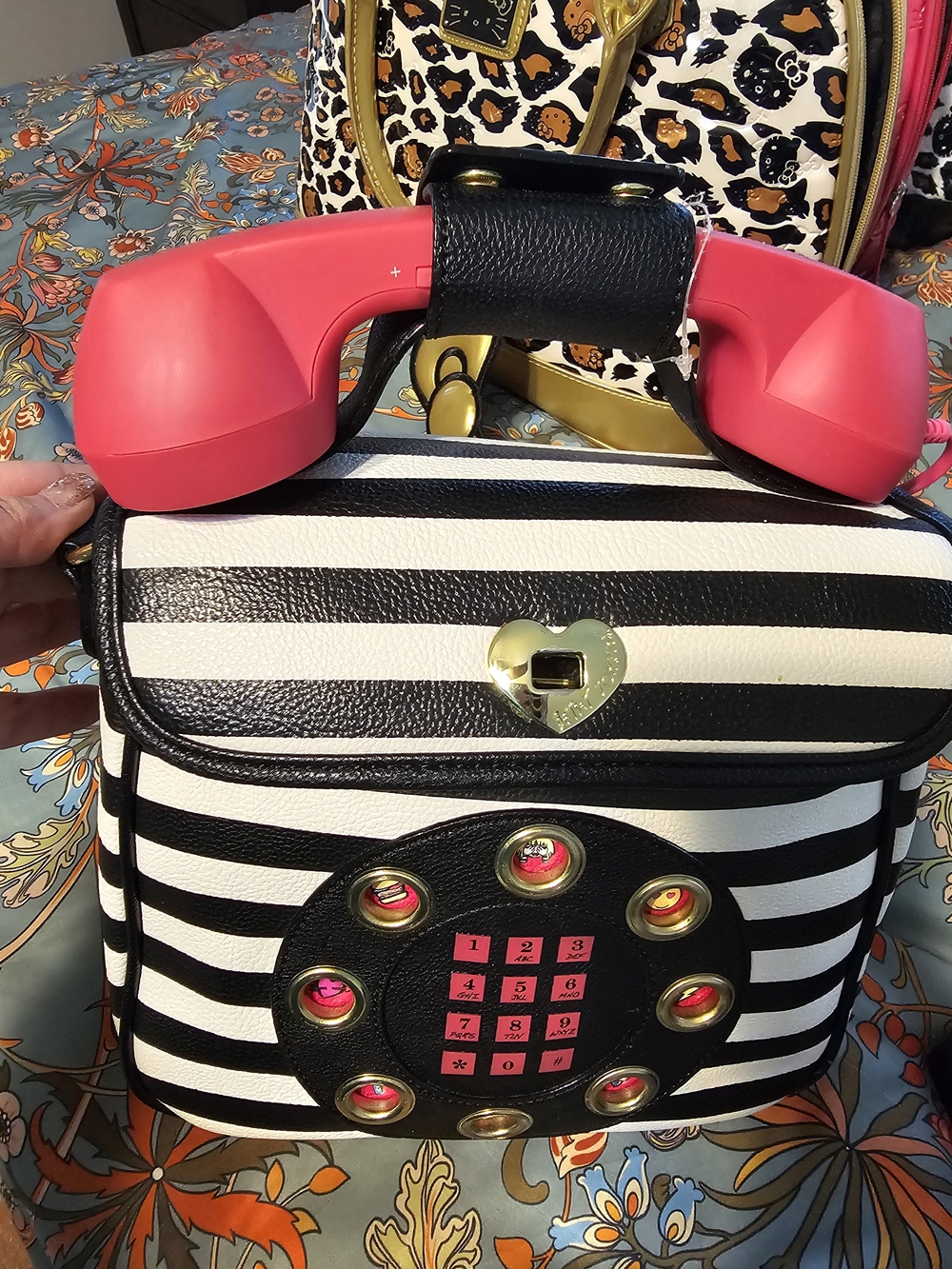 Betsey Johnson Black and White Striped Retro Telephone Bag with Pink Handset